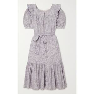 Dôen M Malta Corduroy blue floral puff sleeve button down midi dress